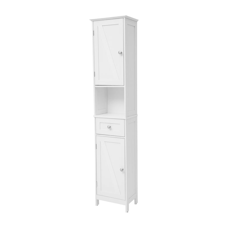 Delilah Slim Linen Tower Organizer with Storage Drawer, Upper and Lower Cabinets with Magnetic Closure Doors and Open Shelf