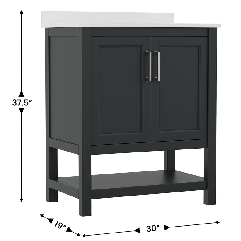 Vigo 30 Inch Bathroom Vanity with Ceramic Sink, Carrara Marble Finish Countertop, Storage Cabinet with Soft Close Doors and Open Shelf