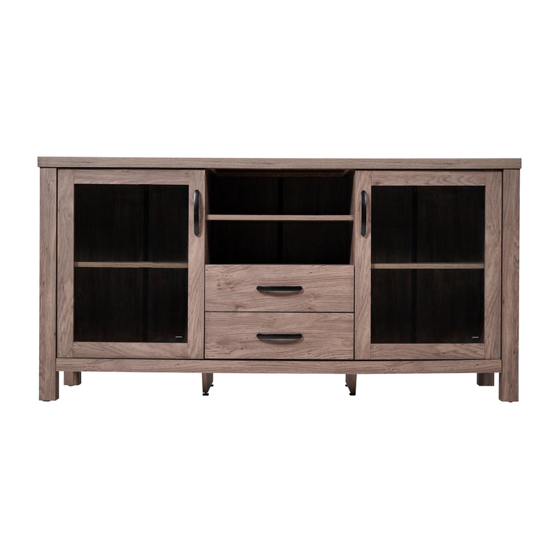 Agustin 59 in. Two-Drawer Engineered Wood Buffet Sideboard Cabinet with Open Shelf, Two Tempered Glass Cabinet Doors for Dining Room/Kitchen - Brown