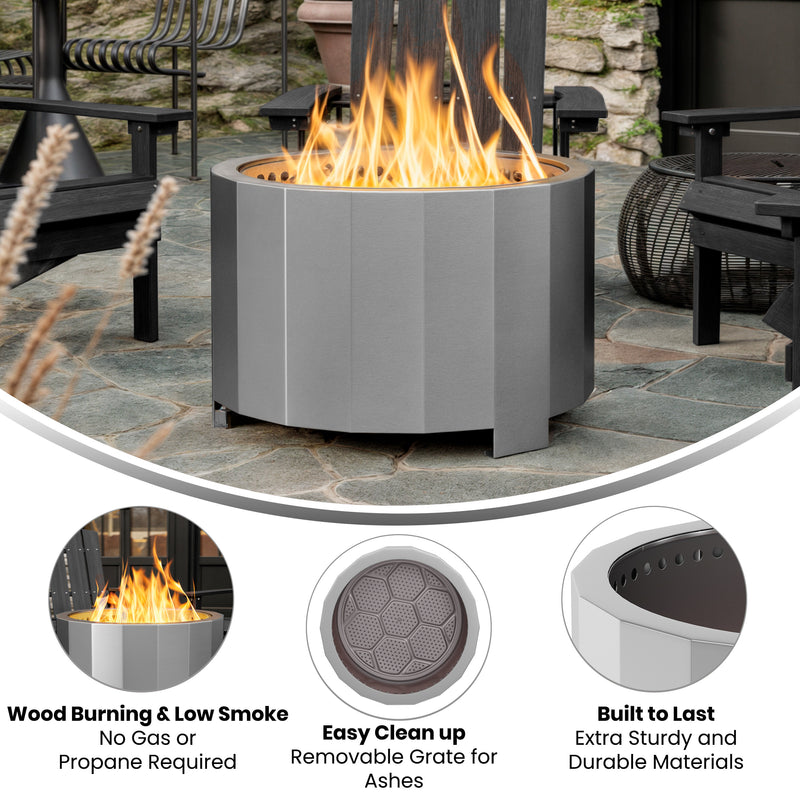 Aries 27" Portable Stainless Steel Smokeless Wood Burning Outdoor Firepit with Waterproof Cover