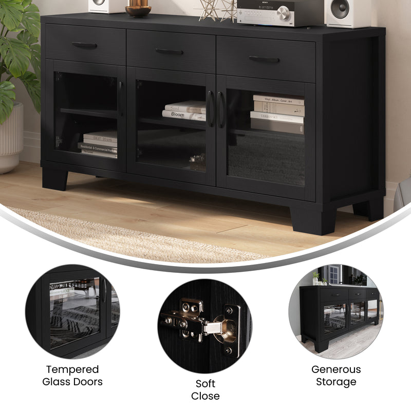 Samson 59 in. Three-Drawer Engineered Wood Buffet Sideboard Cabinet with Three Tempered Glass Cabinet Doors for Dining Room/Kitchen - Black