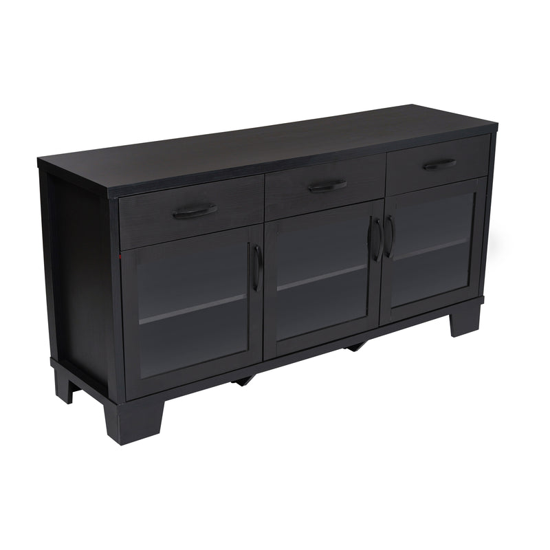 Samson 59 in. Three-Drawer Engineered Wood Buffet Sideboard Cabinet with Three Tempered Glass Cabinet Doors for Dining Room/Kitchen - Black