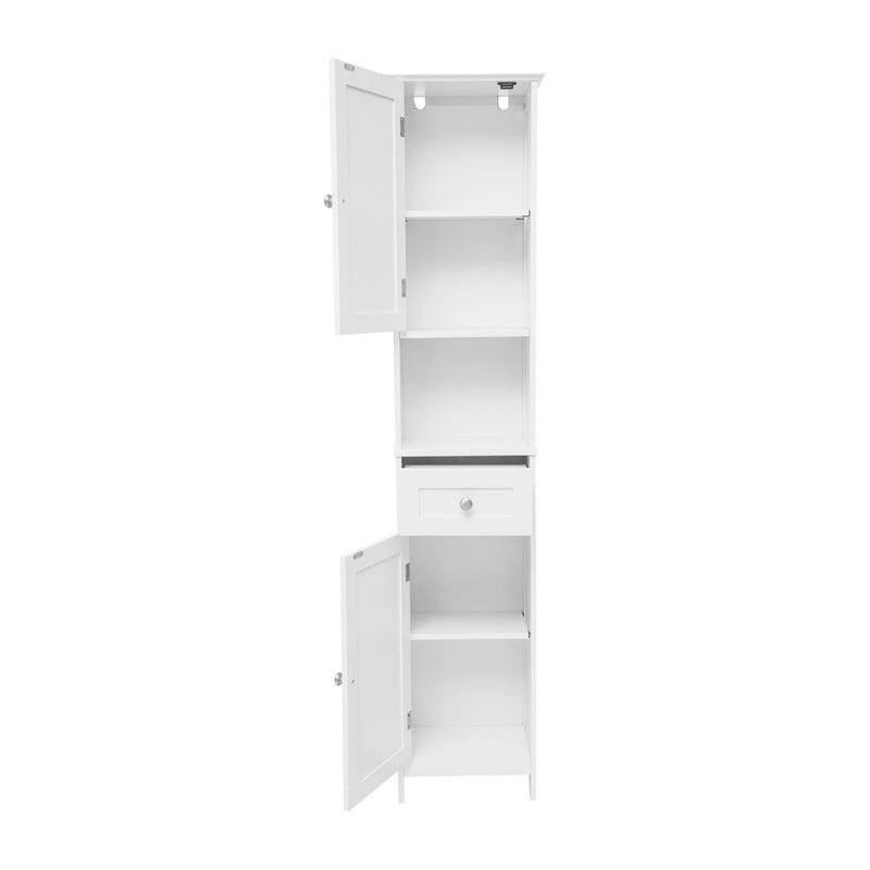 Delilah Slim Linen Tower Organizer with Storage Drawer, Upper and Lower Cabinets with Magnetic Closure Doors and Open Shelf