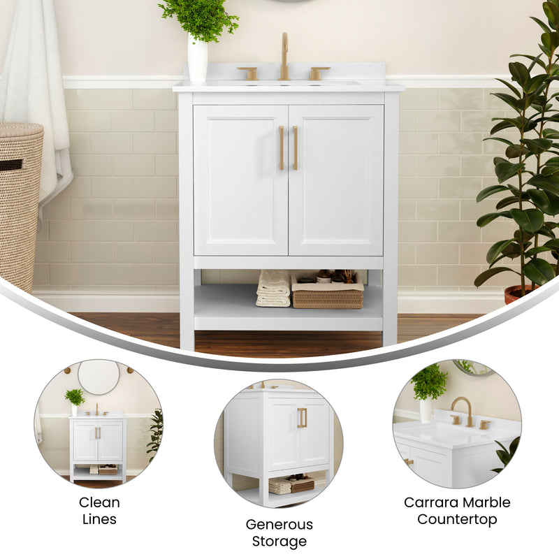 Vigo 30 Inch Bathroom Vanity with Ceramic Sink, Carrara Marble Finish Countertop, Storage Cabinet with Soft Close Doors and Open Shelf