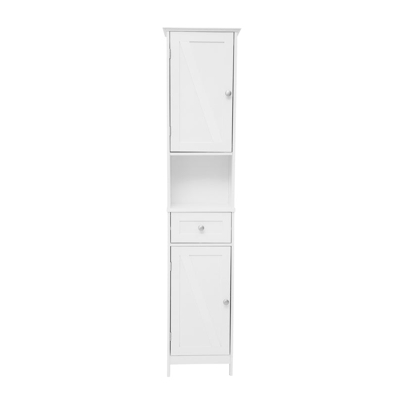 Delilah Slim Linen Tower Organizer with Storage Drawer, Upper and Lower Cabinets with Magnetic Closure Doors and Open Shelf