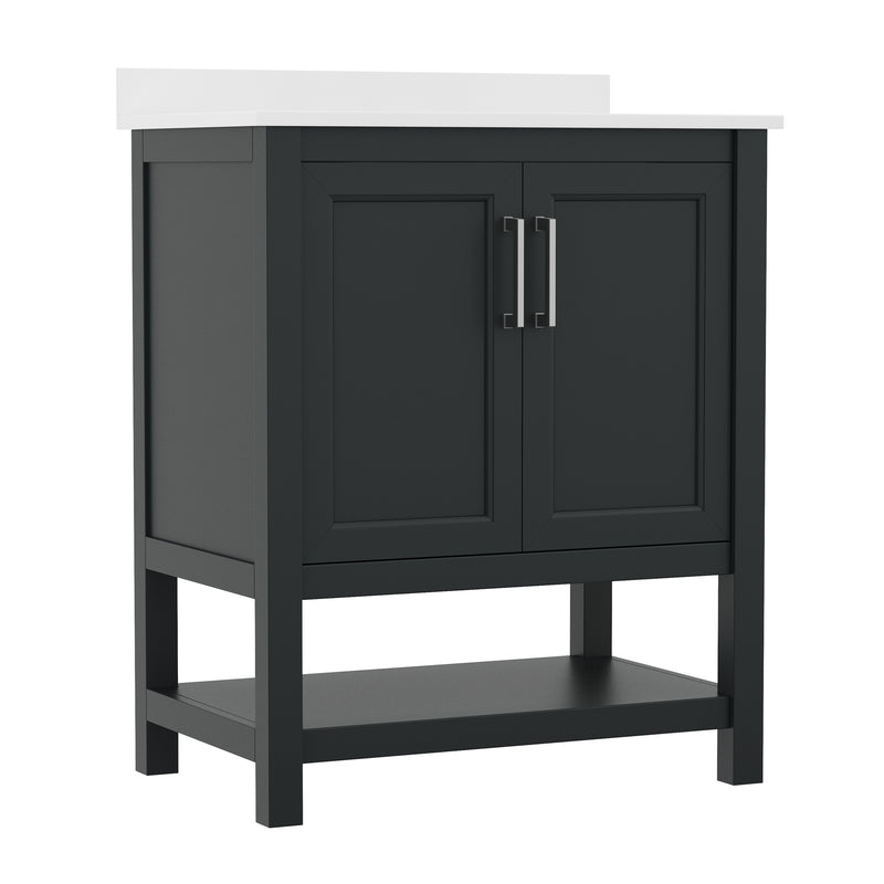 Vigo 30 Inch Bathroom Vanity with Ceramic Sink, Carrara Marble Finish Countertop, Storage Cabinet with Soft Close Doors and Open Shelf