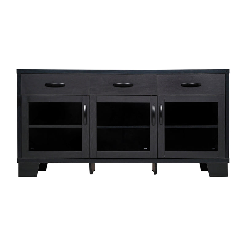 Samson 59 in. Three-Drawer Engineered Wood Buffet Sideboard Cabinet with Three Tempered Glass Cabinet Doors for Dining Room/Kitchen - Black