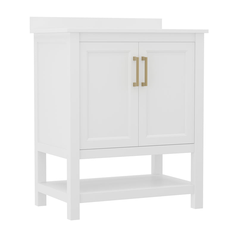 Vigo 30 Inch Bathroom Vanity with Ceramic Sink, Carrara Marble Finish Countertop, Storage Cabinet with Soft Close Doors and Open Shelf