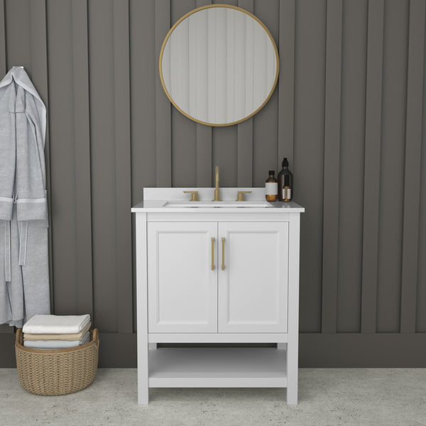 Vigo 30 Inch Bathroom Vanity with Ceramic Sink, Carrara Marble Finish Countertop, Storage Cabinet with Soft Close Doors and Open Shelf