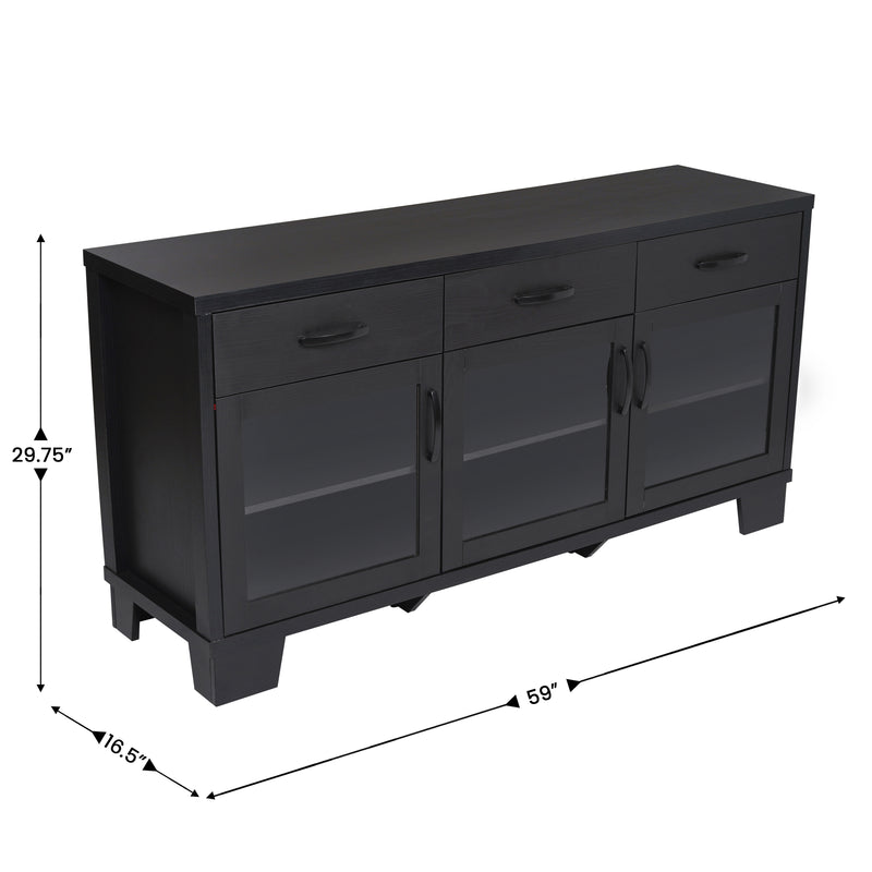 Samson 59 in. Three-Drawer Engineered Wood Buffet Sideboard Cabinet with Three Tempered Glass Cabinet Doors for Dining Room/Kitchen - Black