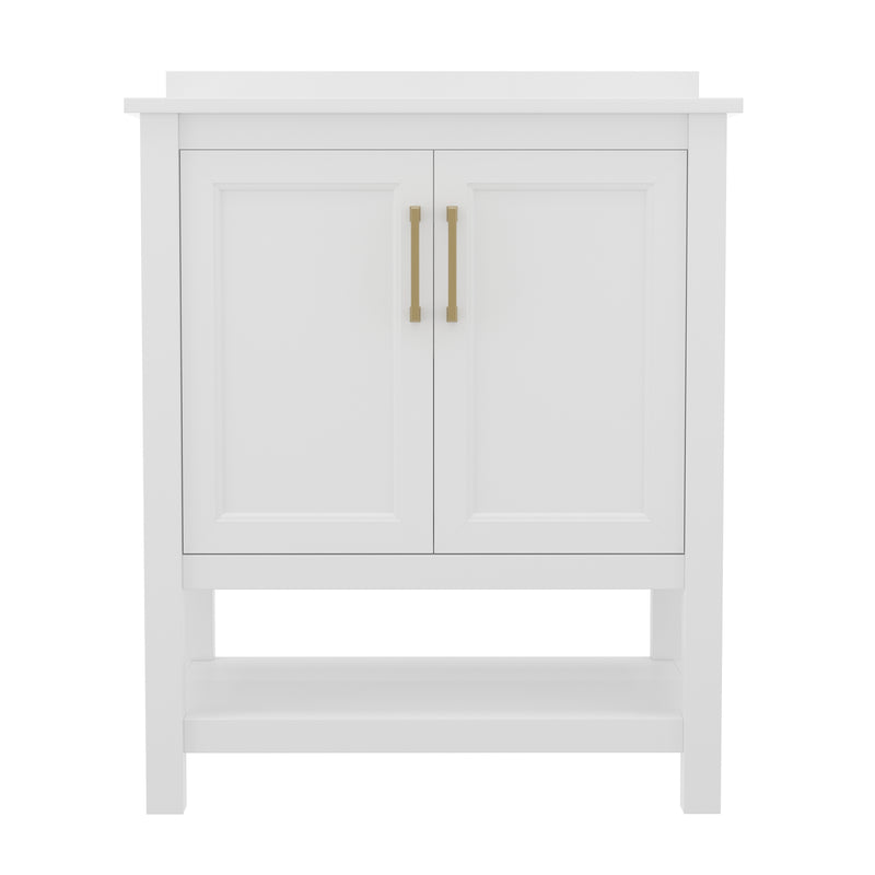 Vigo 30 Inch Bathroom Vanity with Ceramic Sink, Carrara Marble Finish Countertop, Storage Cabinet with Soft Close Doors and Open Shelf