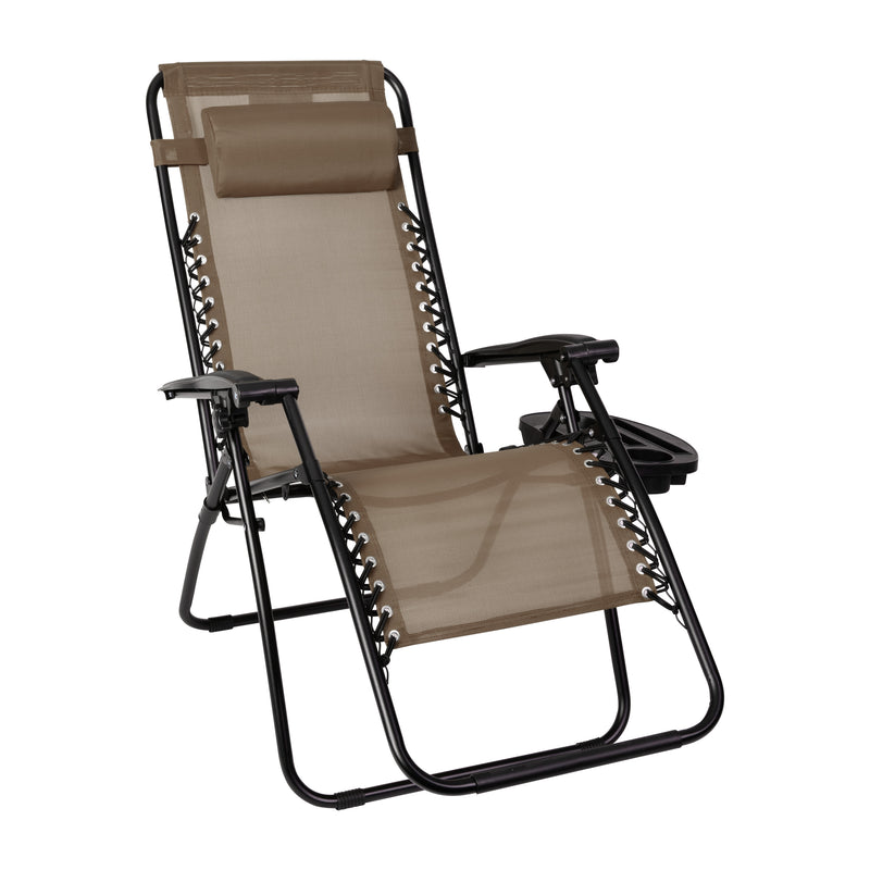 Merrill Set of 2 Brown Folding Mesh Upholstered Zero Gravity Chair with Removable Pillow and Cupholder Tray