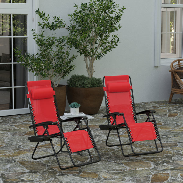 Merrill Set of 2 Red Folding Mesh Upholstered Zero Gravity Chair with Removable Pillow and Cupholder Tray