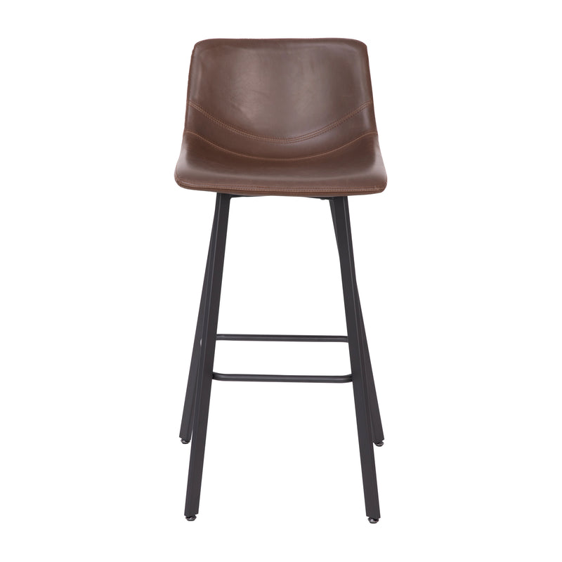 Oretha Set of 2 Modern Chocolate Brown Faux Leather Upholstered Bar Stools with Contoured, Low Back Bucket Seats and Iron Frames