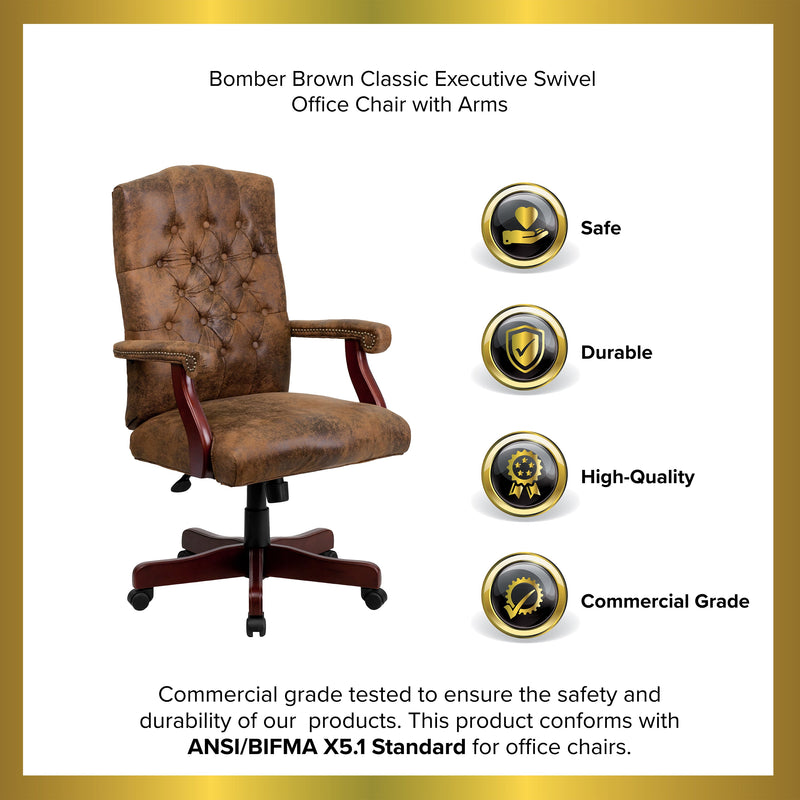 Versailles Ultra-Suede Victorian Style 360° Swivel High-Back Office Chair With Padded Scrolled Arms and Wood Capped Metal Base