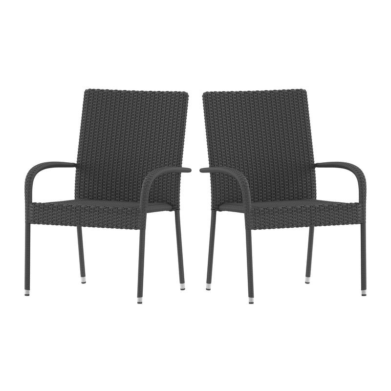 Mathias Set of 2 Indoor/Outdoor Gray Wicker Patio Chairs with Powder Coated Steel Frame, Comfortably Curved Back and Arms